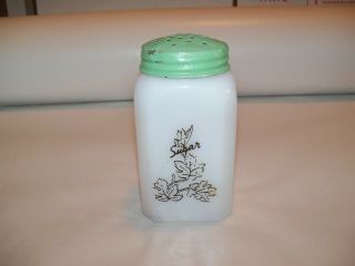 Vtg White Milk Glass Leaf Design 4 5/8” Tall Sugar Shaker Green Lid