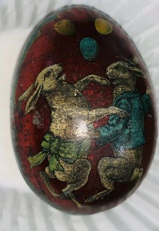 Antique Tin Litho Easter Egg,  Bunny Rabbit Dancing Candy Container,  German