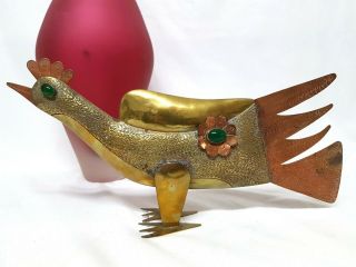 Mid Century Mod Brass & Copper & Glass Beads Inlay Rooster Bird Sculpture Taxco