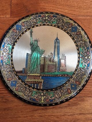 Nyc Skyline Statue Of Liberty& Tower Handmade Copper Plate 7.  87 In Colored