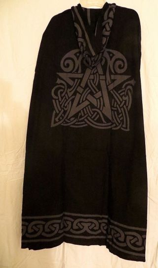 Pentagram & Celtic Knot Cloak / Cape Black & Gray Pagan Wicca Ritual Robe -