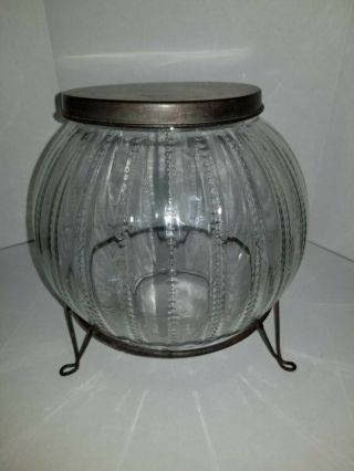 Vintage Hoosier Round Ribbed Zipper Pattern Flour Sugar Jar With Lid & Metal.