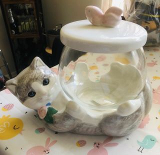 Vintage Treasure Craft Gray Kitten Cat Cookie Jar Holding Fish Bowl