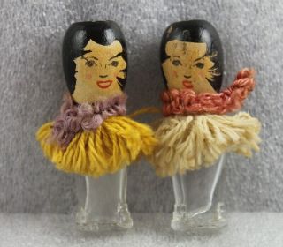 Vintage 2 7/8” Empty Hawaiian Doll Perfume Bottle Painted Wood Head Top Pair