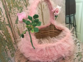 Adorable Vintage Basket Ruffled Tulle Pink Plastic Roses Easter E