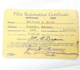 Pilot Registration Certificate Montana 1950 Id Card