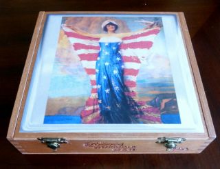 Wooden Cigar Box,  With Patriotic Images Of The Past,  Lady Liberty & Girl Singing