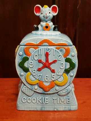 Rare Vintage 1950s Ceramic Blue Cookie Time Cookie Jar,  Japan,  Mouse,  Clock