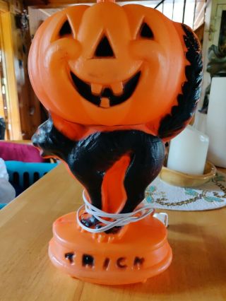 Vintage Halloween Blow Mold Black Cat & Jack O Lantern Pumpkin Trick Light Jol