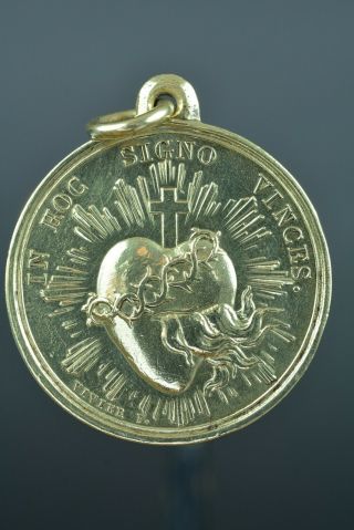 Fine Antique Religious Bronze Pendant Medal Sacred Hearts Jesus & Mary 19thc