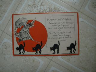 1910? Halloween Postcard,  Witch,  Broom,  Black Cats