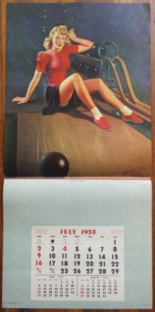 1950 Orig Lg Sample Bowling Pin - Up Calendar " Sit - Down Strike " Al Leslie Art