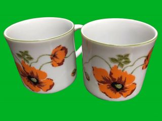 2 Vintage Coffee Mugs Orange Poppy Fine Porcelain Mid Century Modern