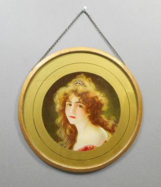 Antique Victorian Chimney Flue Cover Gold Glass Litho Print Portrait Woman Girl