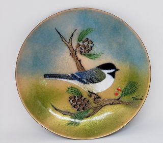 Bovano Vintage Mcm Copper And Enamel Dish With Bird On A Branch