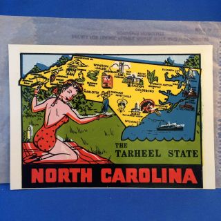 1950s North Carolina Pin - Up Girl Tarheel State Travel Decal Vintage