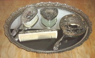 Vintage Silverplate Vanity Set With Matching Mirror Tray