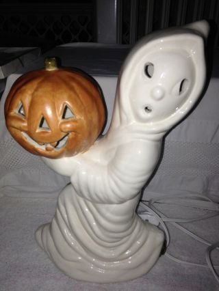 Vintage Halloween Ceramic Ghost W/ Pumpkin Lighted Figure Spooky 1986