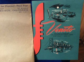 Vintage Veneto San Francisco Full Menu & Postcard,  Envelope,  Cocktail Napkin