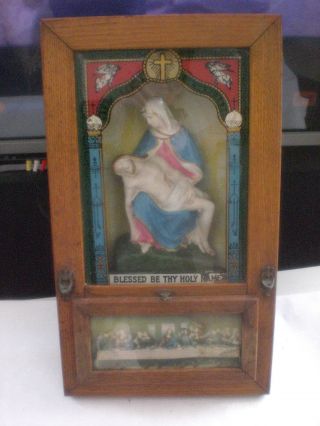 Antique Wood Glass Picture Frame Religious Jesus Mary Statue Viaticum Shadow Box