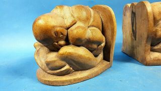 Hand Carving Wood Pair Weeping Buddha Monk Meditation Bookend Statue Indonesia 2