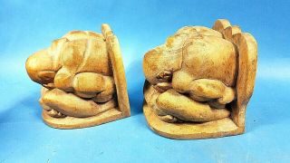 Hand Carving Wood Pair Weeping Buddha Monk Meditation Bookend Statue Indonesia 8