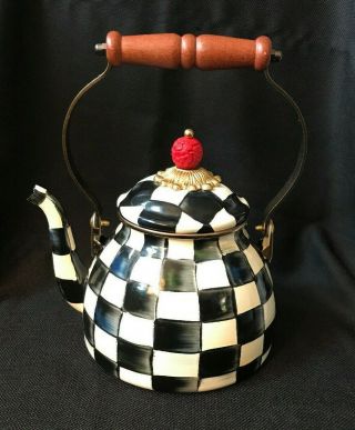 Mackenzie Childs Courtly Check Enamel Tea Kettle With Red Knob Euc 2qt