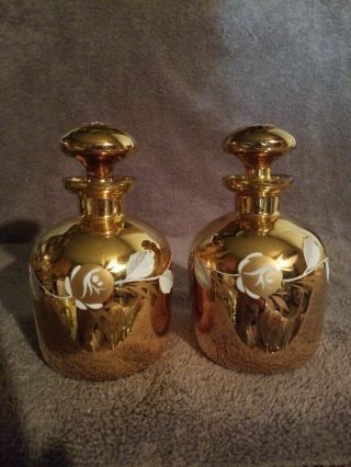 Vintage Perfume Bottles Hand Painted Gold And Floral W/stopper Set Of 2