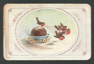 W12 - Robins Pulling Pudding In A Cart - Goodall - Victorian Xmas Card