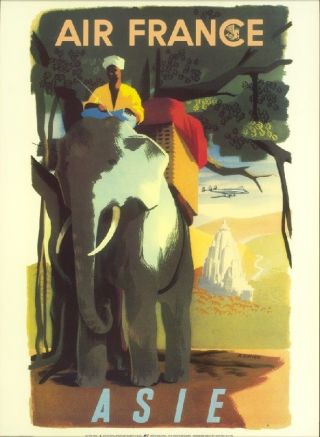 Vintage Airline Travel Poster Air France Asia India Elephant - Andre Gloven