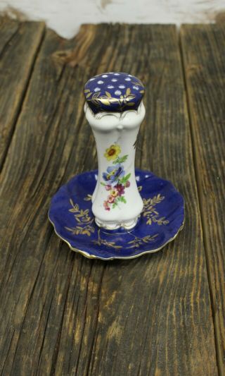 Vintage Limoges France Hand Painted Porcelain Vanity Hat Pin Holder Blue White