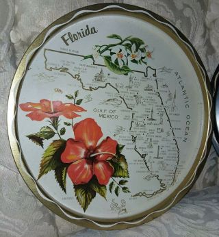 Vintage State Of Florida & Missouri Map Metal Travel Souvenir Round Tray Plate