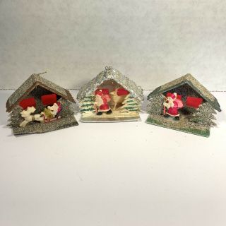 3 Vintage Mica Glitter Putz House With Celluloid Santa Sleigh Reindeer Ornament
