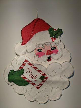 Vintage Felted Christmas Card Banner Santa Face Jeweled Wall Hanging