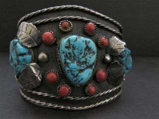 Awesome Huge Old Pawn NAVAJO Sterling Turquoise & Coral Cuff Bracelet - Signed 10