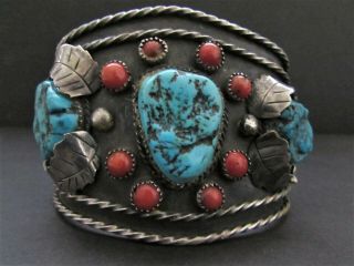 Awesome Huge Old Pawn Navajo Sterling Turquoise & Coral Cuff Bracelet - Signed