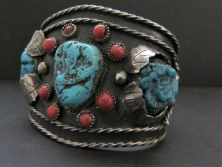 Awesome Huge Old Pawn NAVAJO Sterling Turquoise & Coral Cuff Bracelet - Signed 2