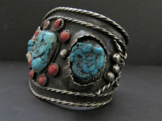 Awesome Huge Old Pawn NAVAJO Sterling Turquoise & Coral Cuff Bracelet - Signed 3