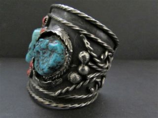 Awesome Huge Old Pawn NAVAJO Sterling Turquoise & Coral Cuff Bracelet - Signed 4