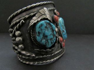 Awesome Huge Old Pawn NAVAJO Sterling Turquoise & Coral Cuff Bracelet - Signed 8