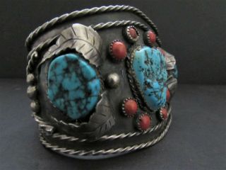 Awesome Huge Old Pawn NAVAJO Sterling Turquoise & Coral Cuff Bracelet - Signed 9