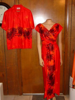 Vintage Hawaiian Togs His & Hers Shirt & Long Dress Made In Hawaii Red Orange/bl