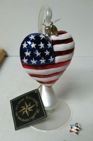 Radko American Heart 4th Of July Glass Ornament W Stand & Pin