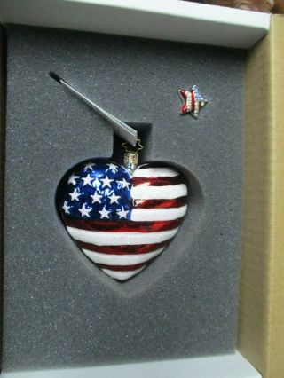 Radko American Heart 4th of July Glass Ornament w Stand & Pin 2