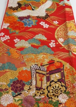Ki07z140 Japanese Kimono Silk Uchikake Fabric Red,  Gold 39.  4 "