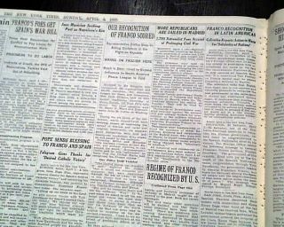 FRANCOIST SPAIN Spanish State Regime Recognized by United States 1939 Newspaper 6
