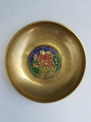 Small Early 20th Century Chinese Turned Brass Bowl With Enamel Lotus