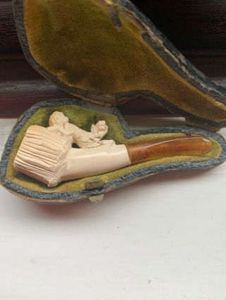 Antique Hand Carved Miniature Dog Pipe In Leather Case - Meerschaum Style