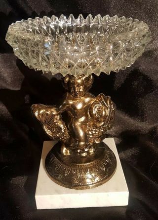 Vintage Hollywood Regency Gold Cherub Pedestal Dish Vanity Accessory Marble Base