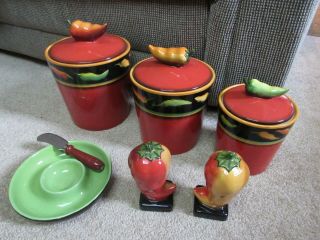 7 Set Red Chili Jalapeno Pepper Canisters Dish Salt And Pepper Shakers Clay Art